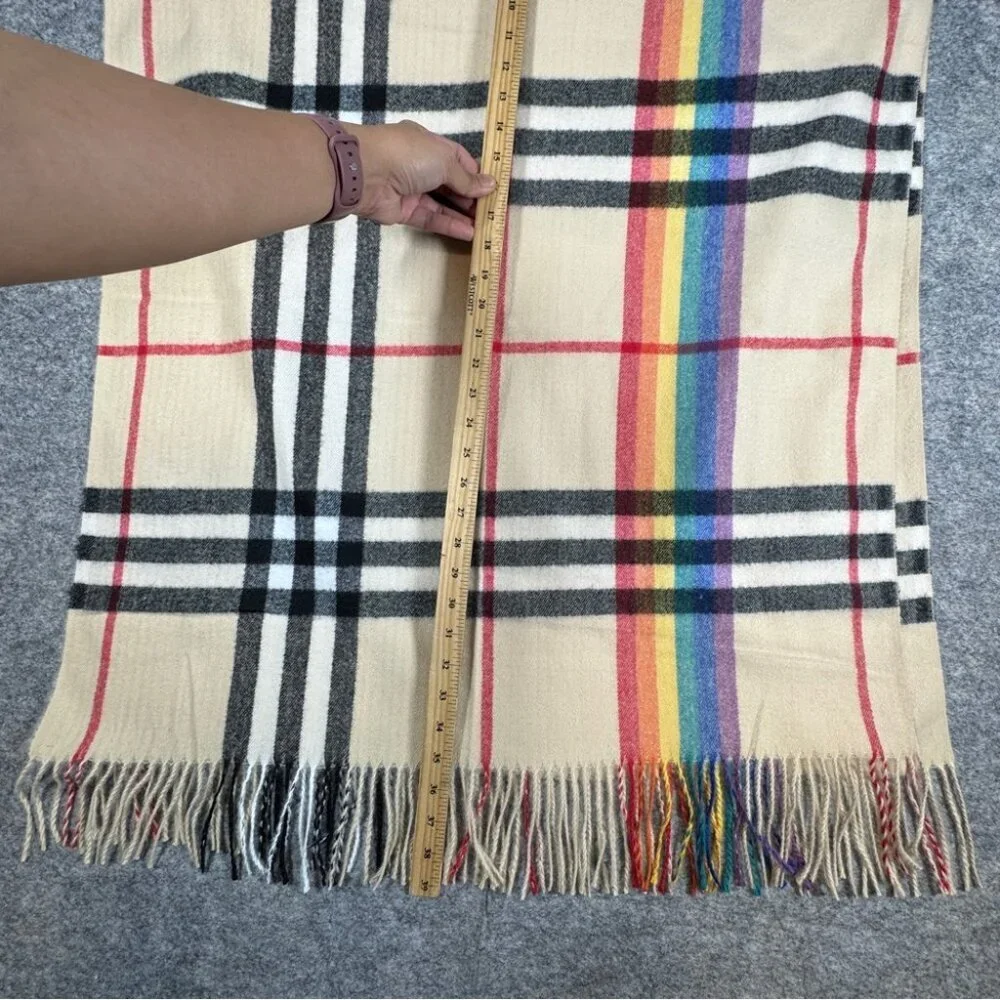 Pashmina 100% Cashmere Cream Plaid Rainbow Scarf One Size Fall Winter Cozy Chic